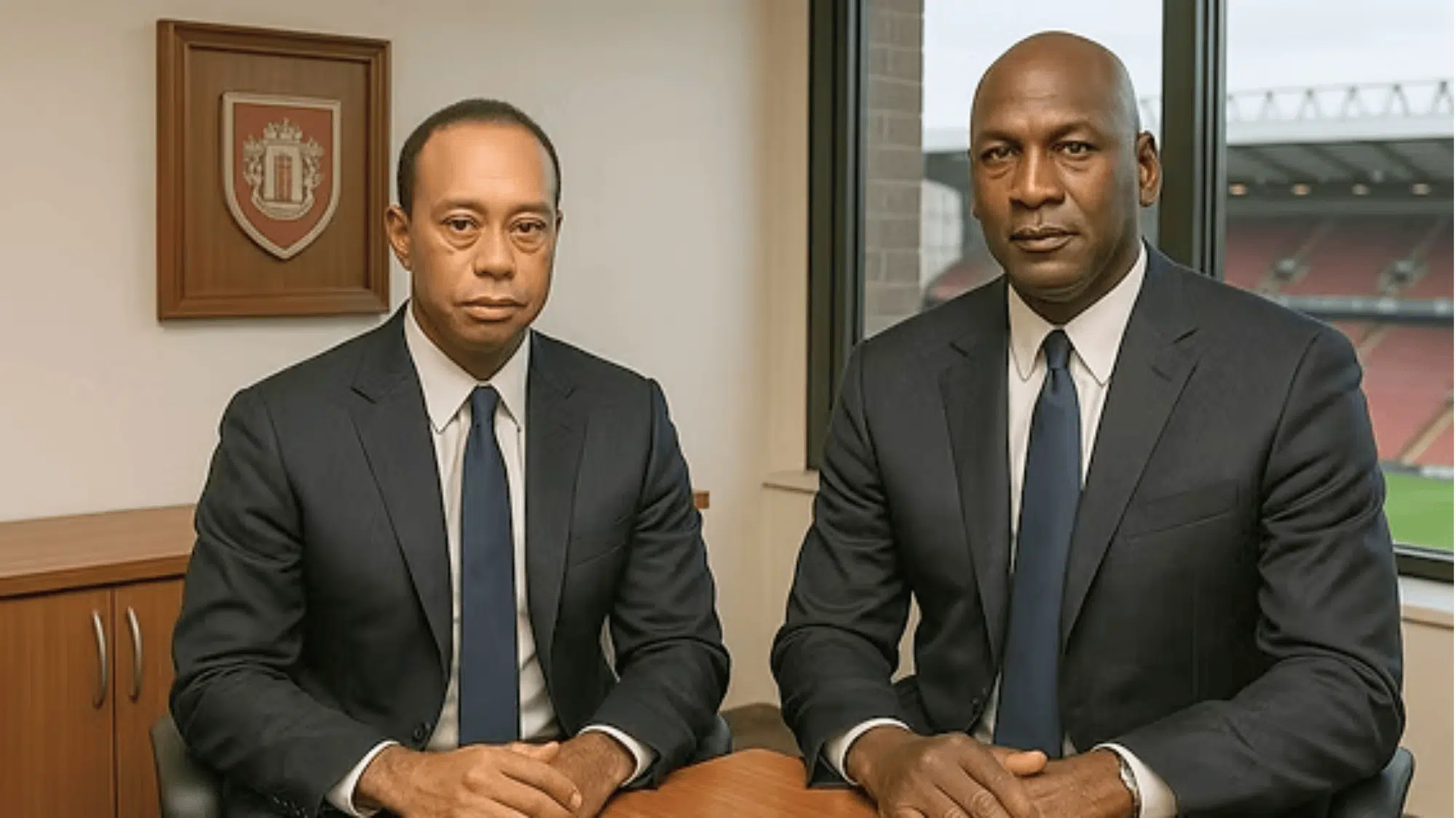 Tiger Woods or Michael Jordan two men in suits sitting at table indoors with serious expressions and window in background