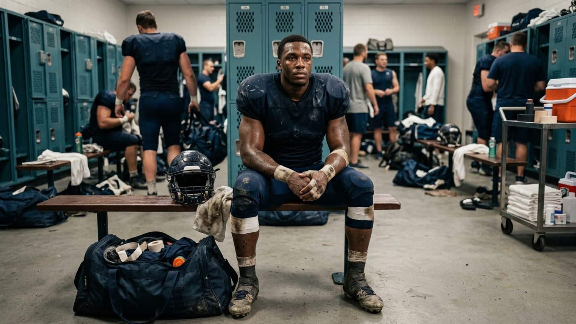 american football player in locker room with gear showing professional career environment and earnings context