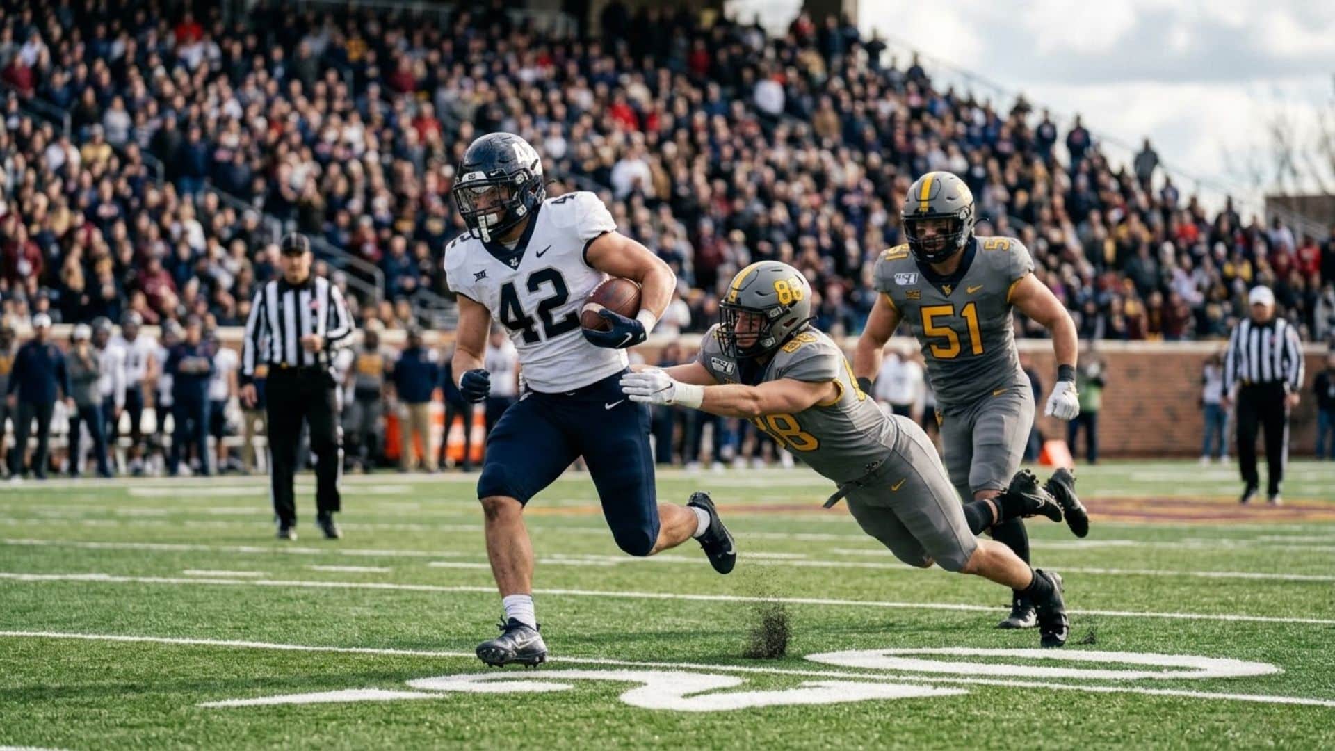 american football player running with ball during game with defenders referees and stadium crowd action scene