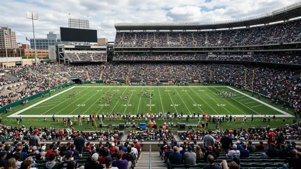 american football stadium concourse with fans buying food and items showing revenue and profit activity