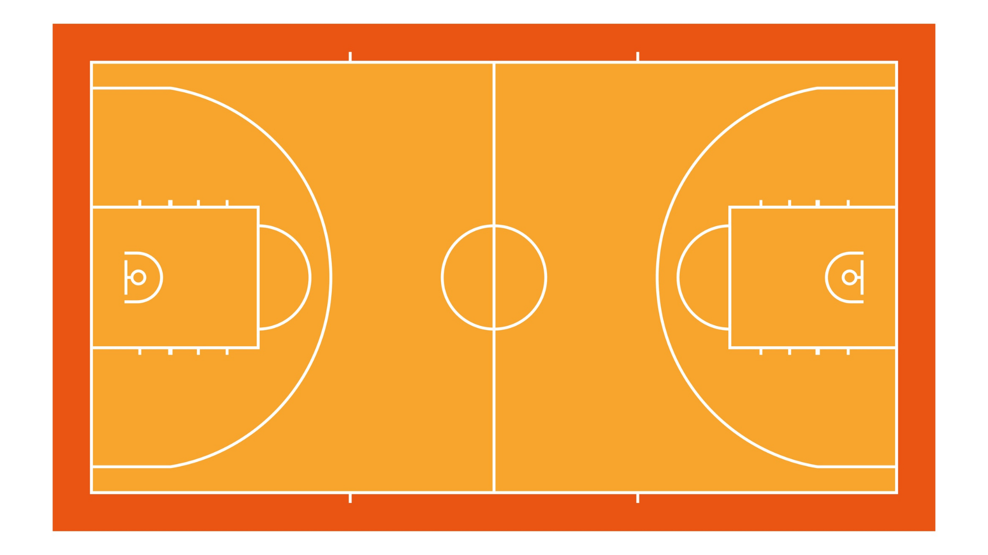 an outline of a full size basketball court in yellow and orange on a white background