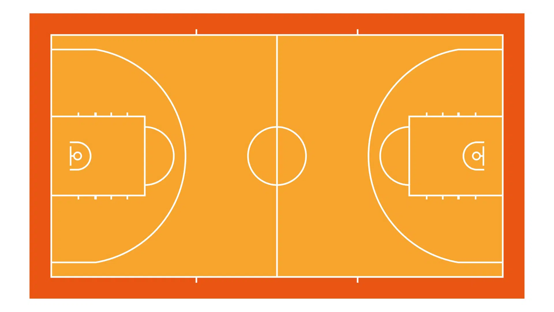 an outline of a full size basketball court in yellow and orange on a white background