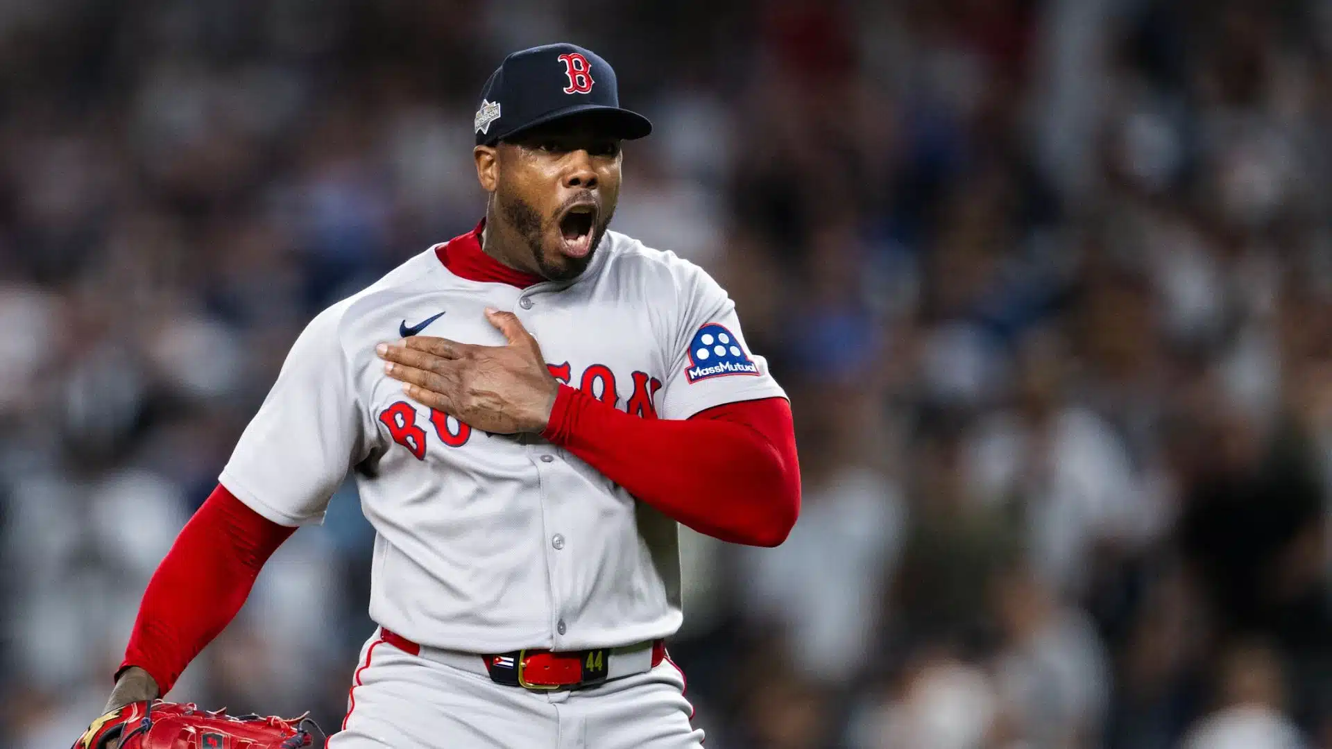 aroldis chapman one of the oldest active mlb players reacting during game in red sox uniform on field