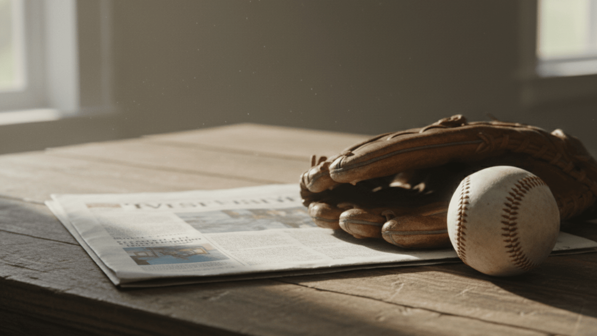baseball glove and ball rest on newspaper on table in soft morning light