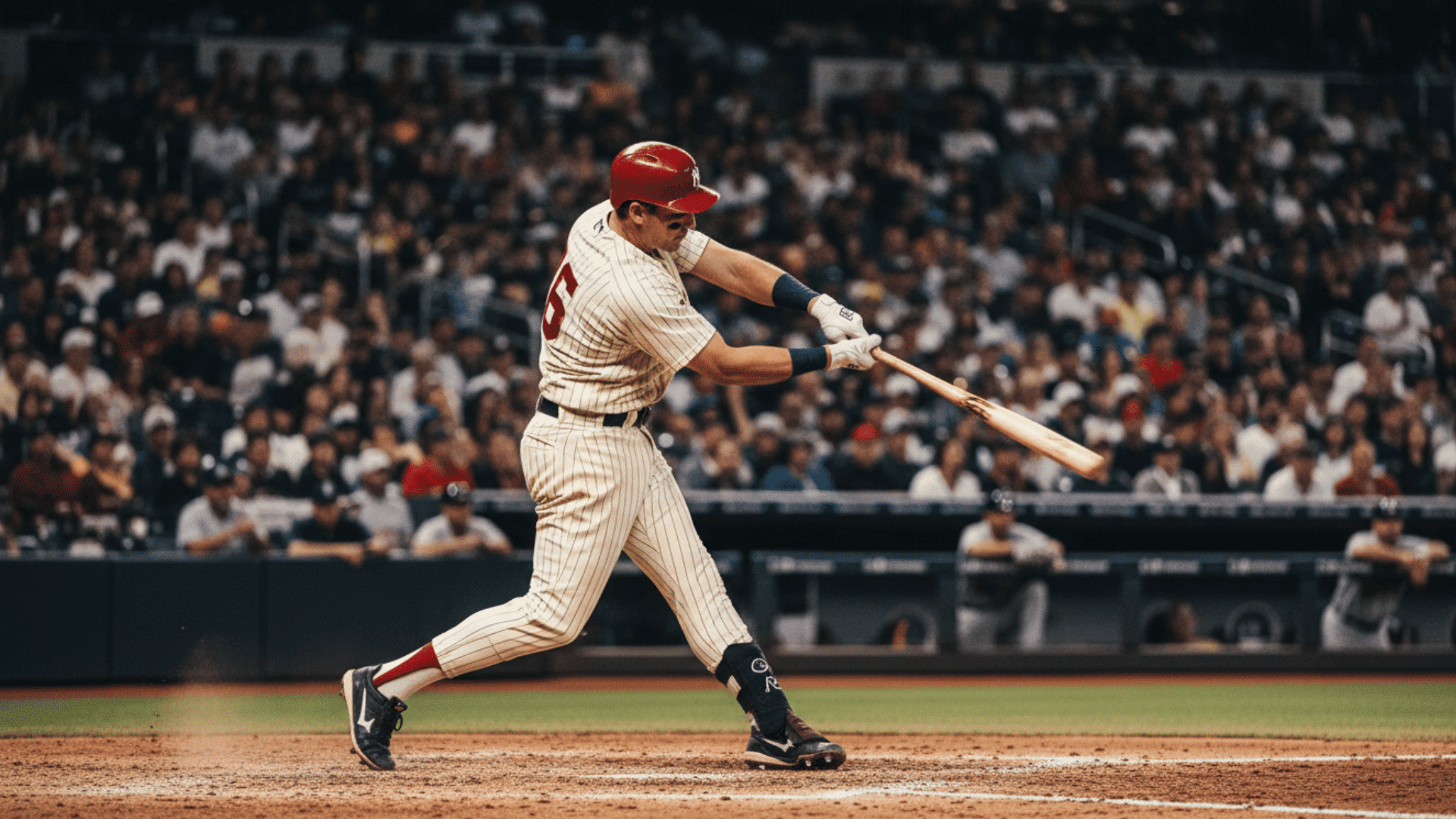 baseball player swings bat during game with crowd blurred in background