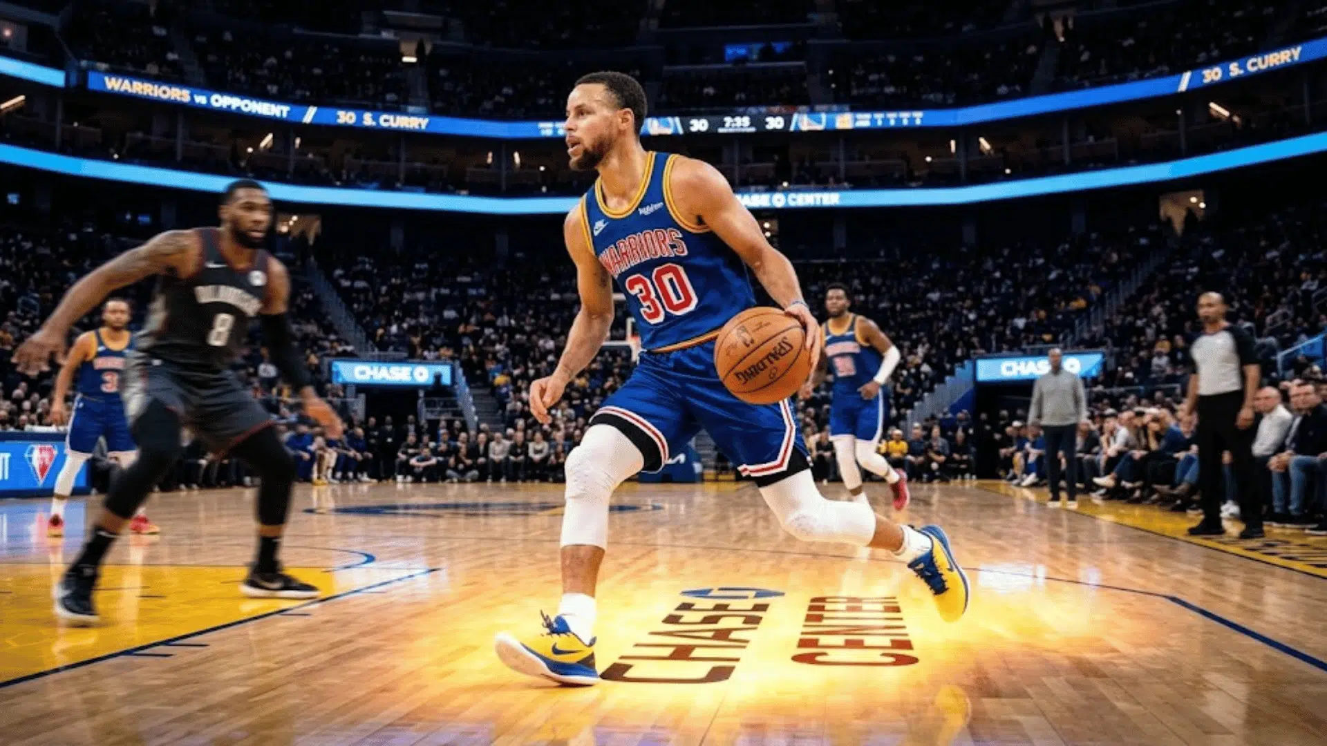 basketball player in blue jersey dribbling ball during game on court