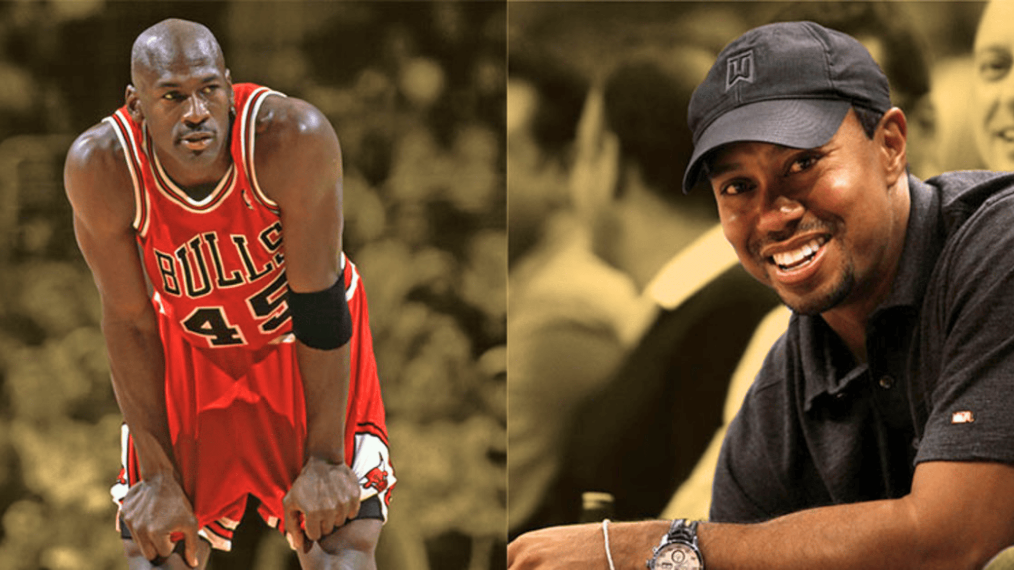 basketball player in red jersey leaning forward and smiling golfer wearing cap in split image