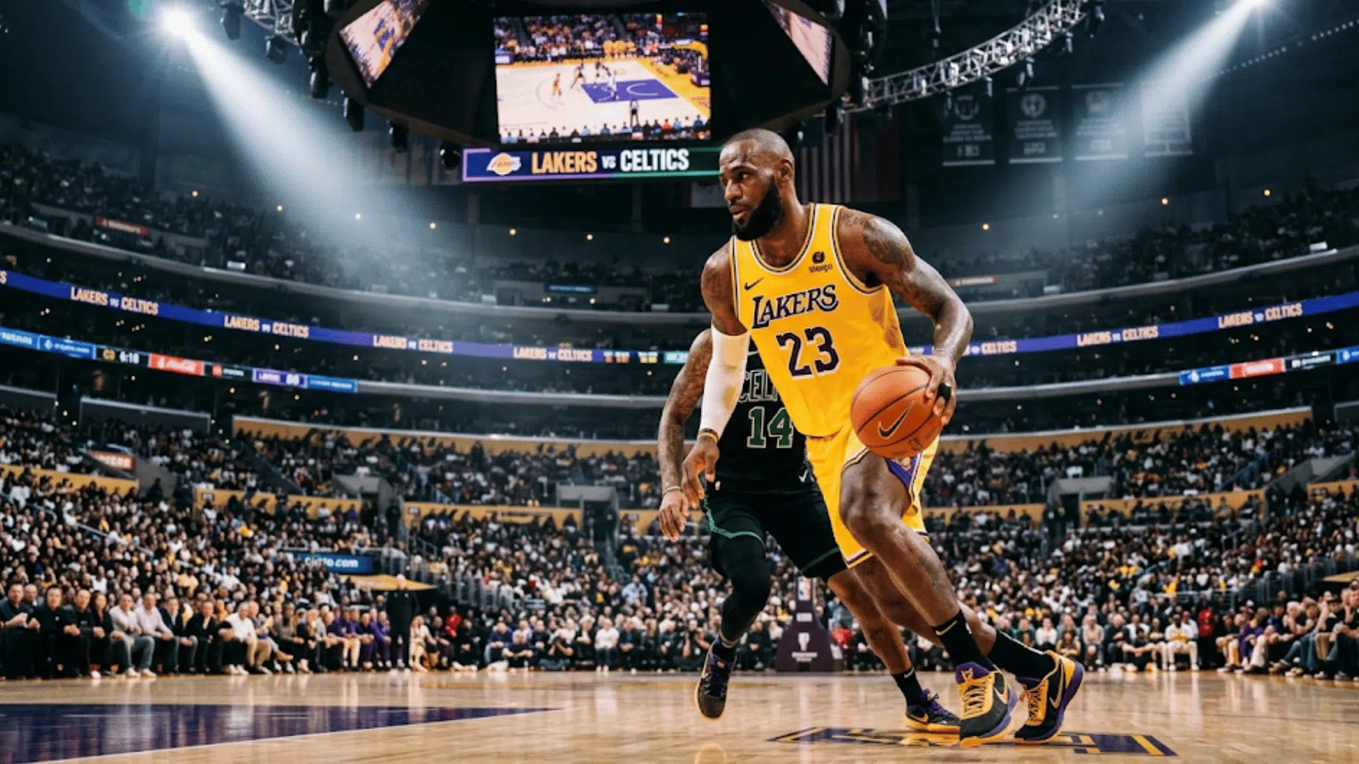 basketball player in yellow jersey dribbling ball during game in arena