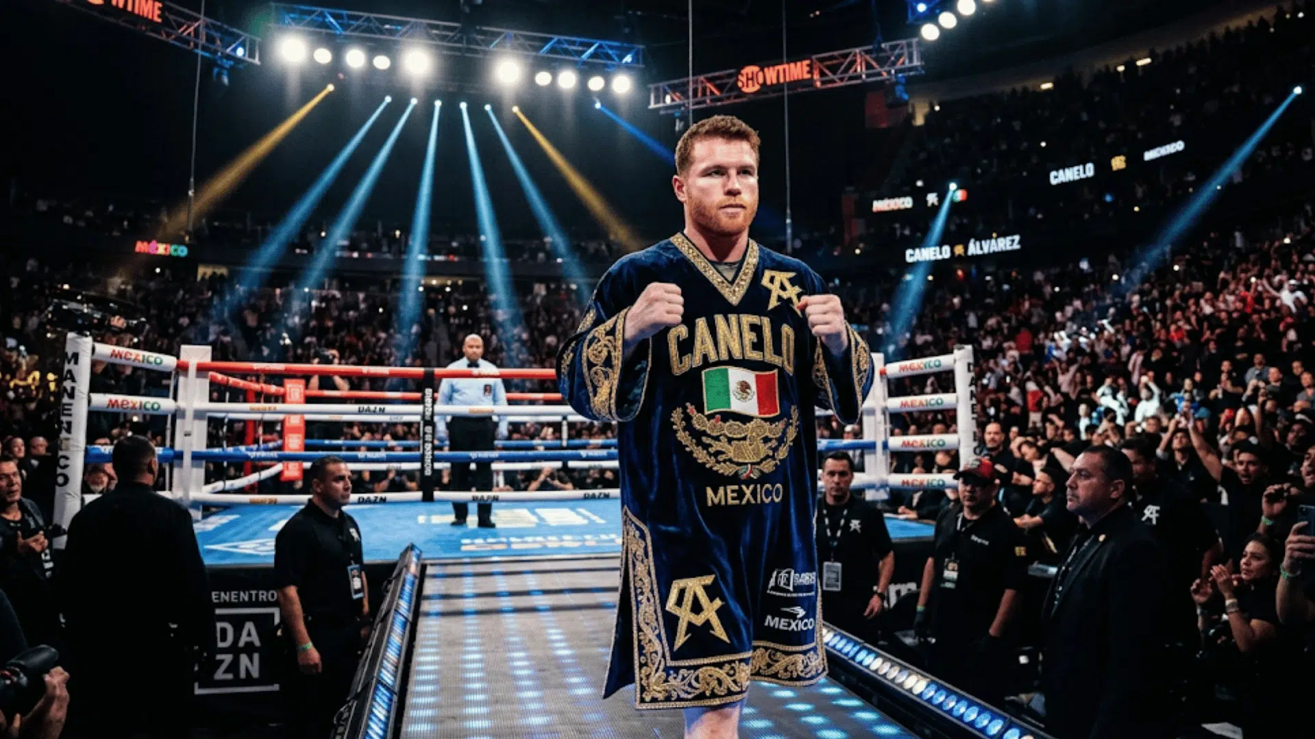 boxer walking to ring wearing robe with mexico flag in crowded arena