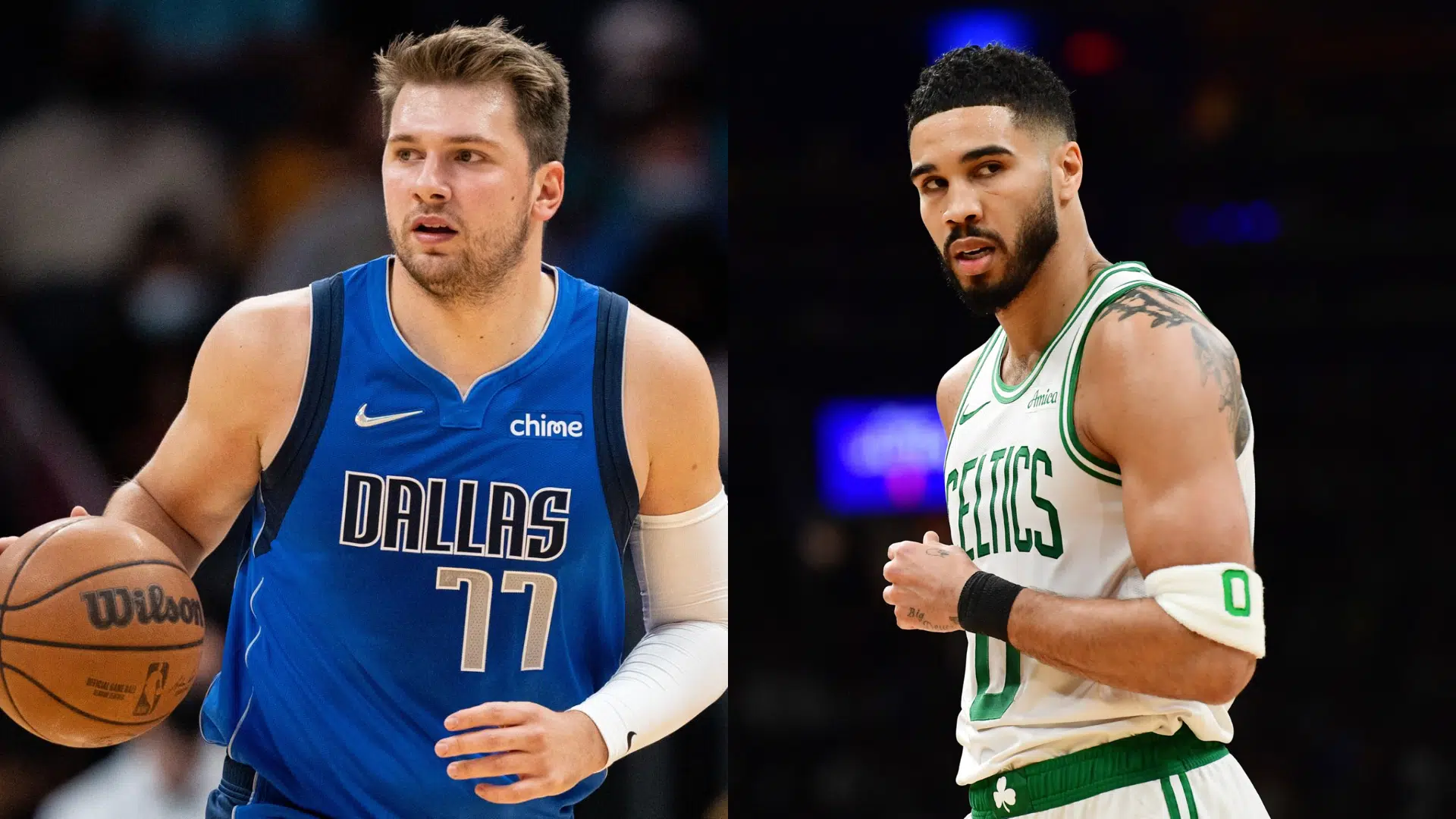 collage of Luka Doncic and Jayson Tatum both showcasing the impressive barefoot height of them on the court