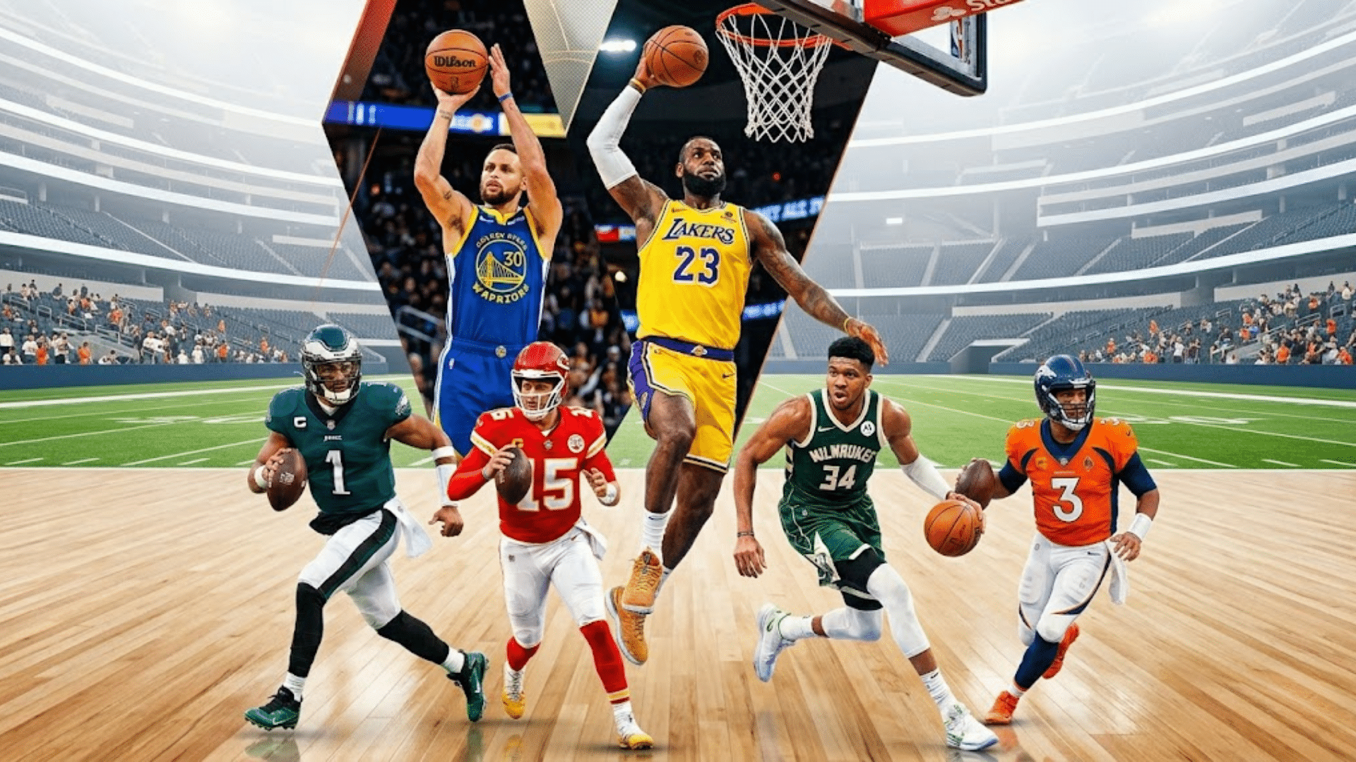 collage of top athletes from basketball and football showcasing star players and which sport creates the most millionaires