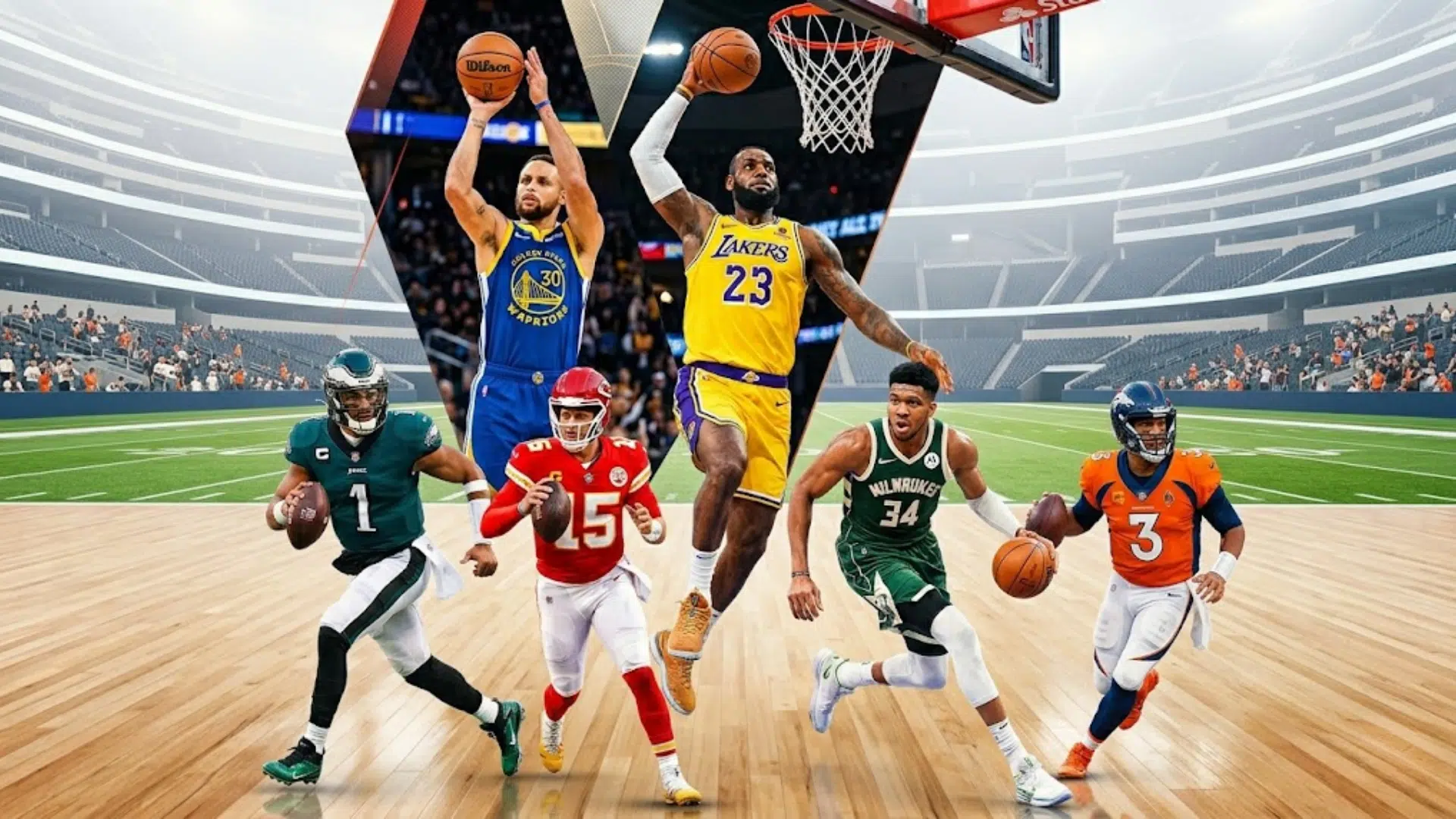 collage of top athletes from basketball and football showcasing star players and which sport creates the most millionaires