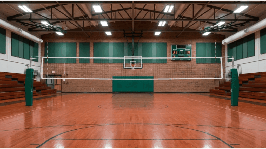 empty indoor volleyball court with net wooden floor scoreboard and bleachers inside gym volleyball court dimensions
