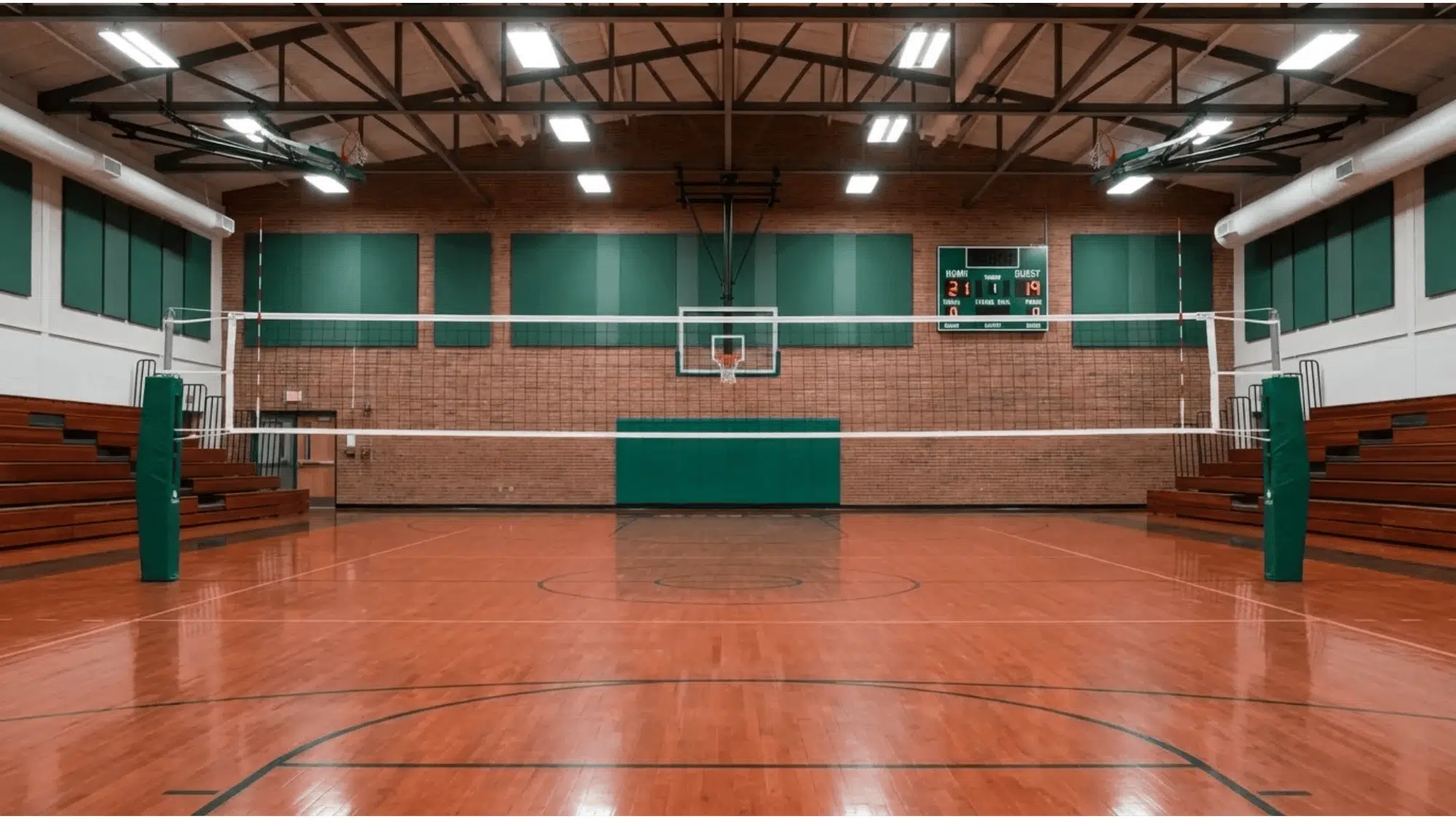 empty indoor volleyball court with net wooden floor scoreboard and bleachers inside gym volleyball court dimensions