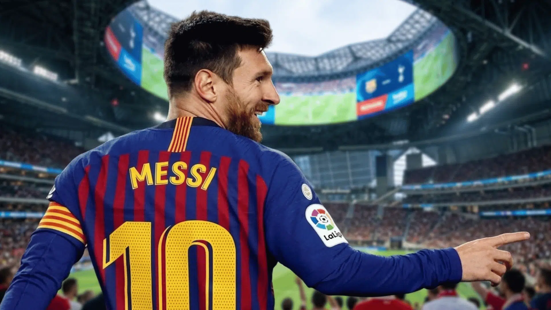 football player wearing barcelona jersey with number ten pointing in stadium