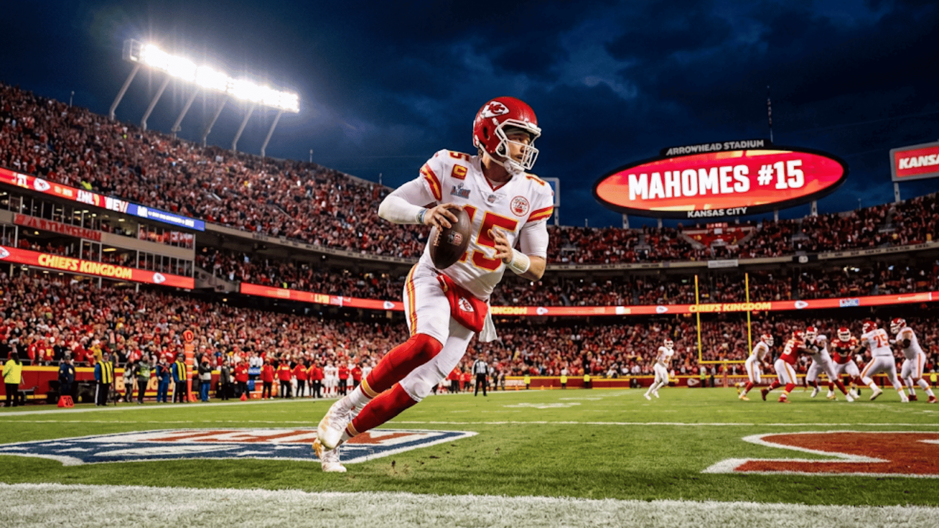 football quarterback in white uniform running with ball in stadium game