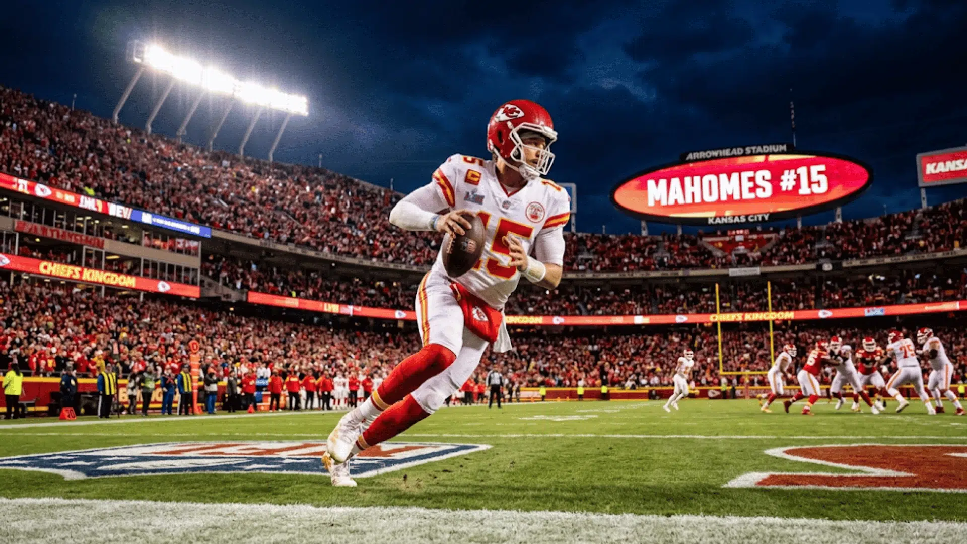 football quarterback in white uniform running with ball in stadium game
