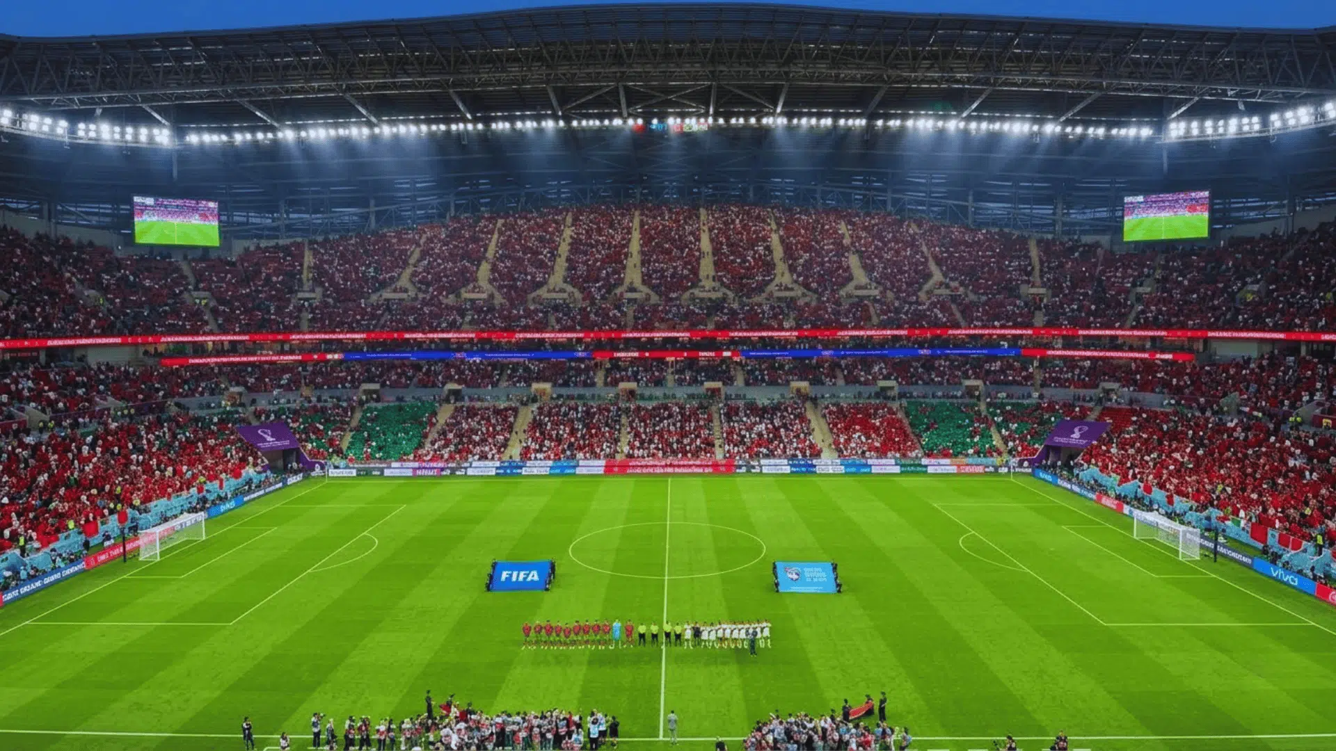 football stadium packed with fans teams lined up before match kickoff
