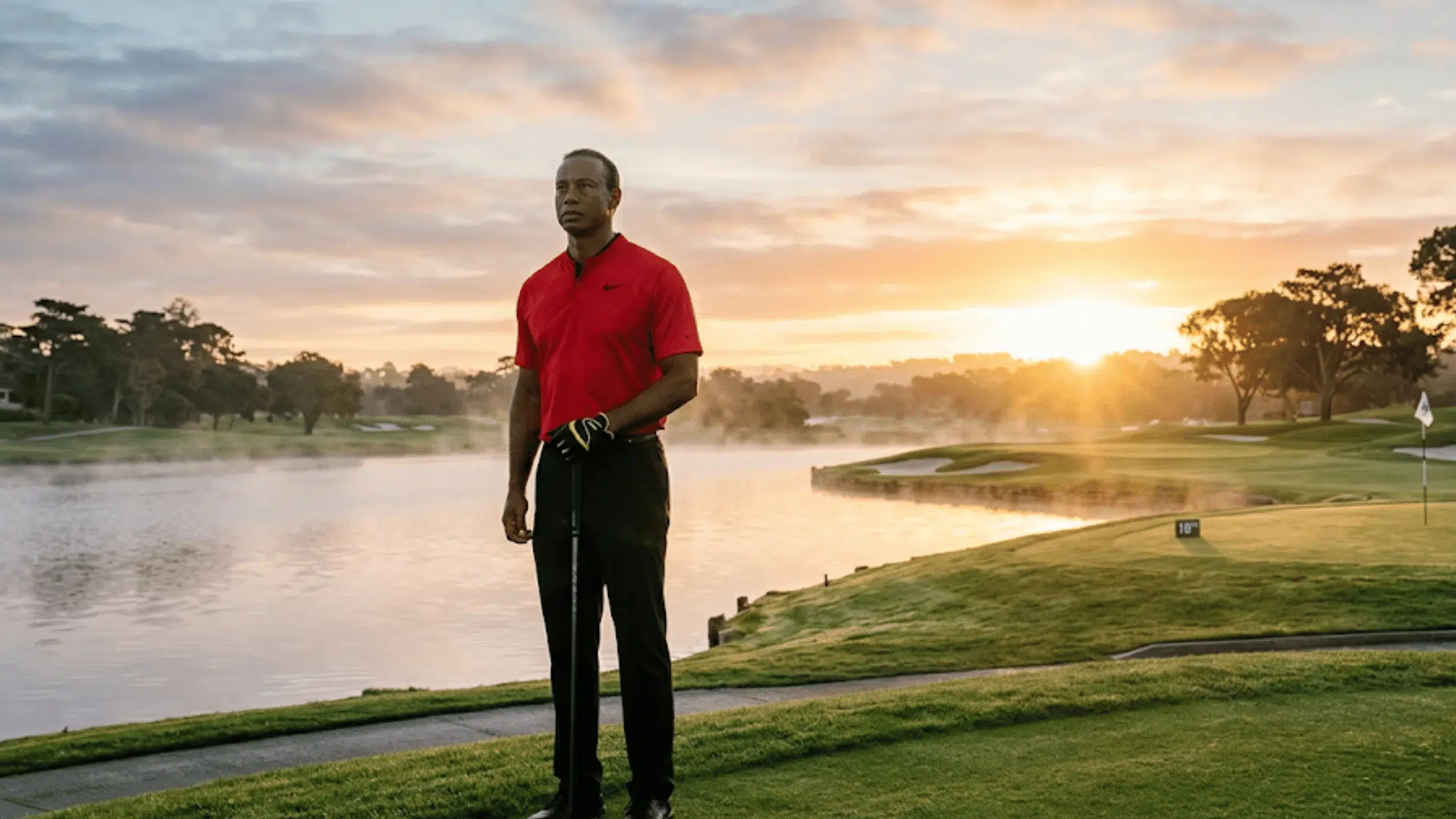 golfer standing near water at sunrise holding club on golf course
