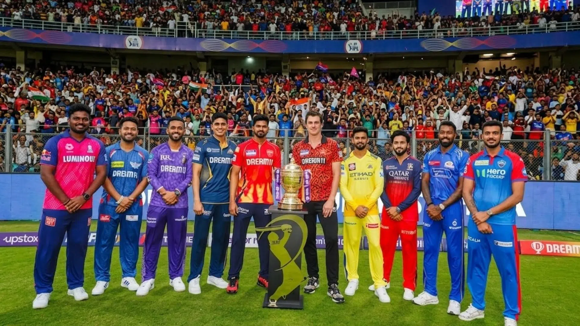 group of indian ipl cricket players in various team uniforms standing on the ground