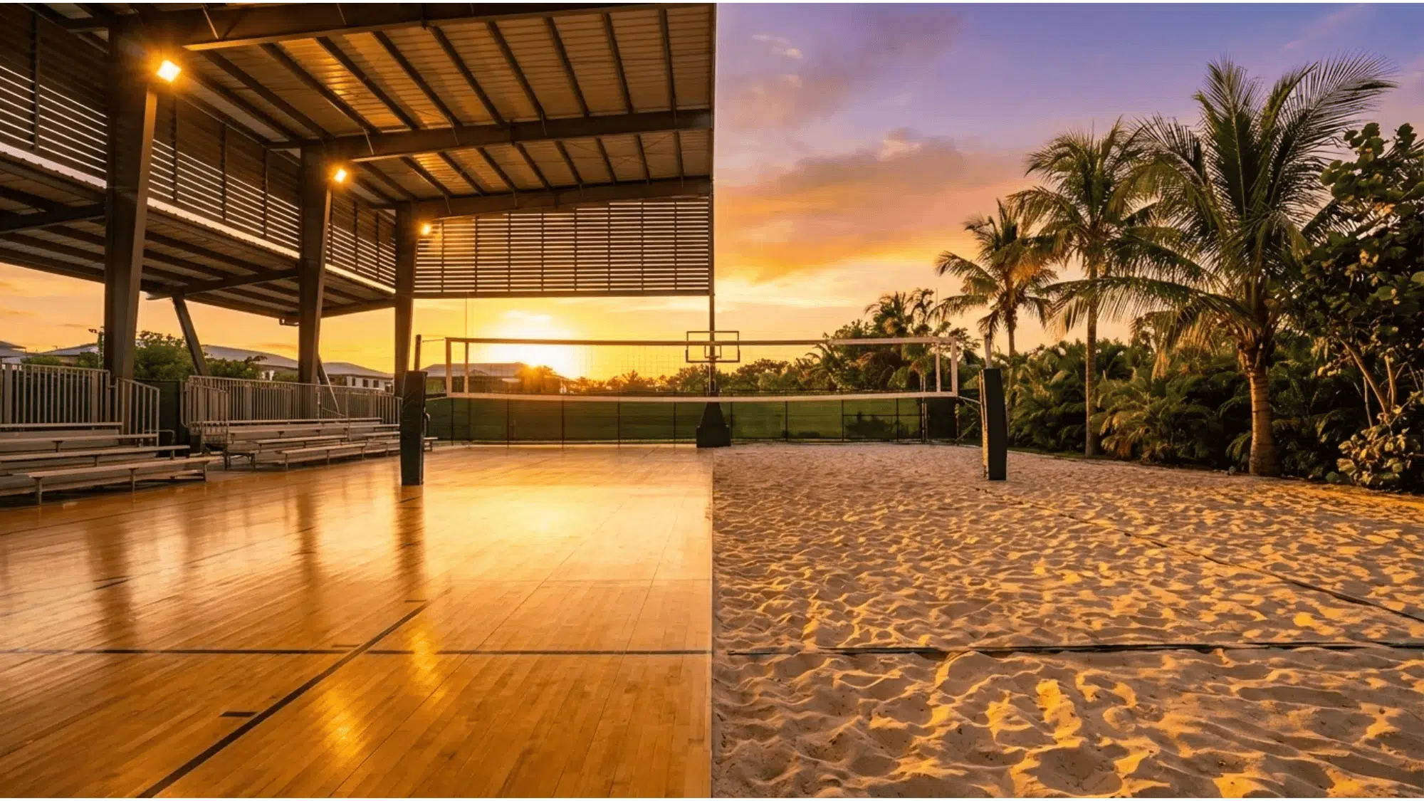 indoor and beach volleyball courts side by side with net sand and wooden floor at sunset volleyball court dimensions