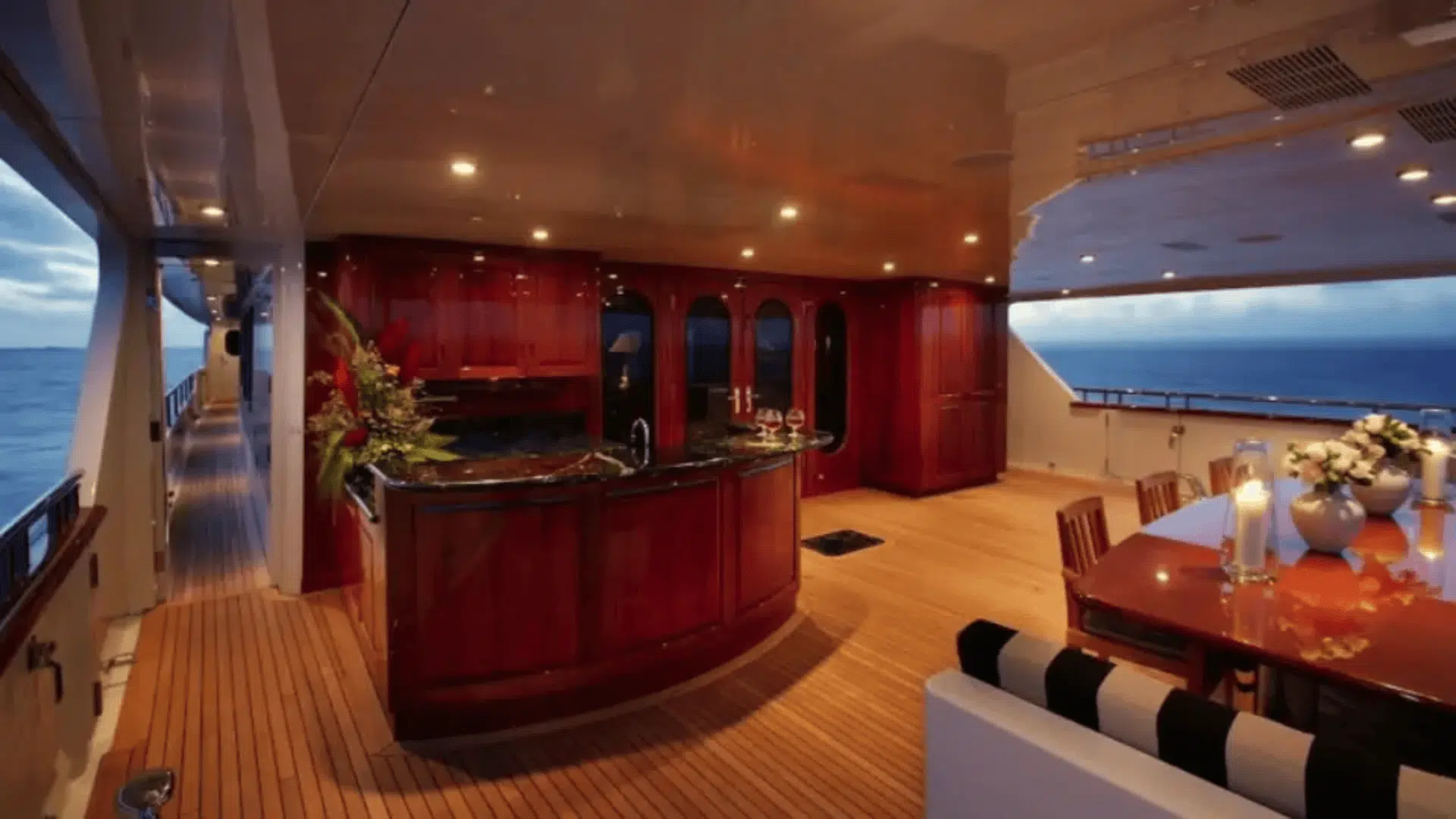 inside of tiger woods yatch deck with reddish brown interior