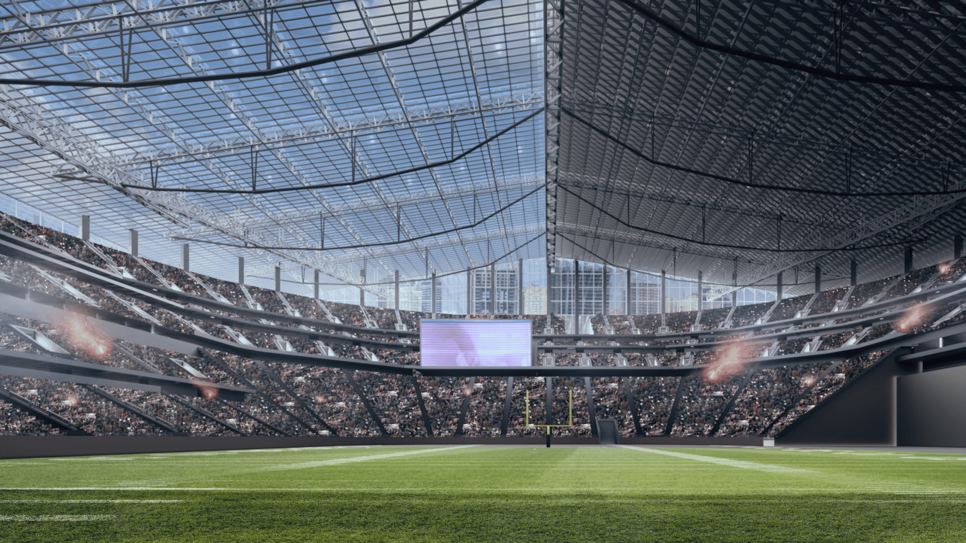 interior view of a large modern stadium with crowd green field and roof structure above stadium with 200000 seats history myths records