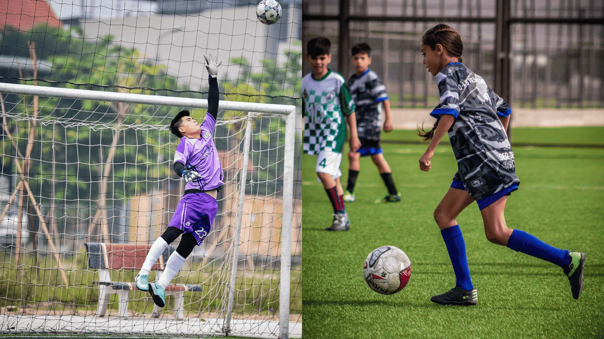 kids playing soccer one goalkeeper jumping to save ball while another player dribbles on field nearby