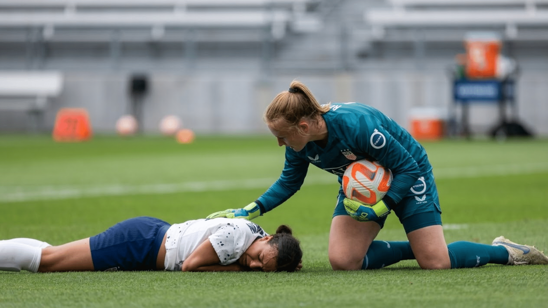 mallory swans lies face down on grass appearing injured while goalkeeper kneels beside her offering help