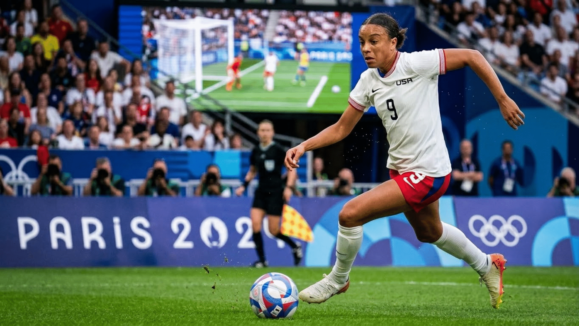mallory swanson a soccer player in usa jersey kicks ball during an intense soccer match