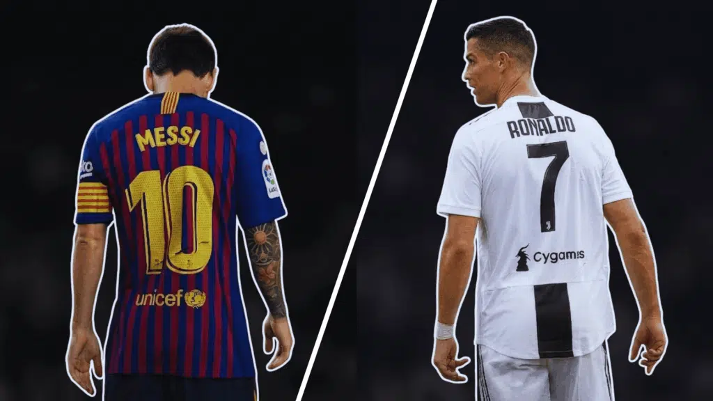 messi and ronaldo seen from back in split image showing comparison between two players