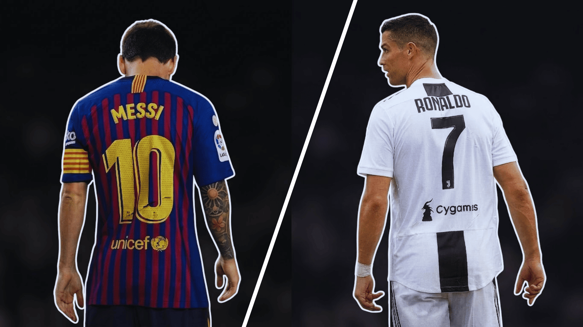 messi and ronaldo seen from back in split image showing comparison between two players