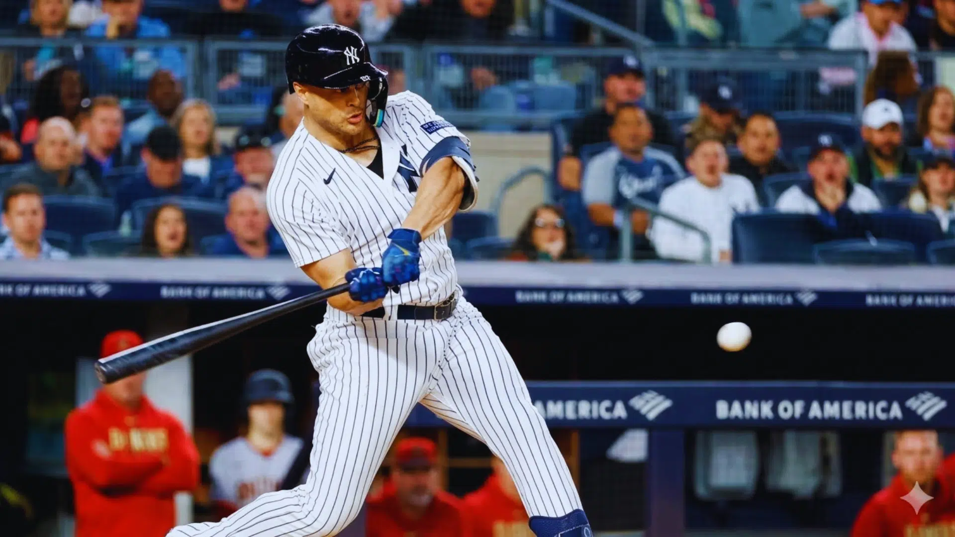 mlb player swinging bat to hit baseball during game with crowd watching in stadium