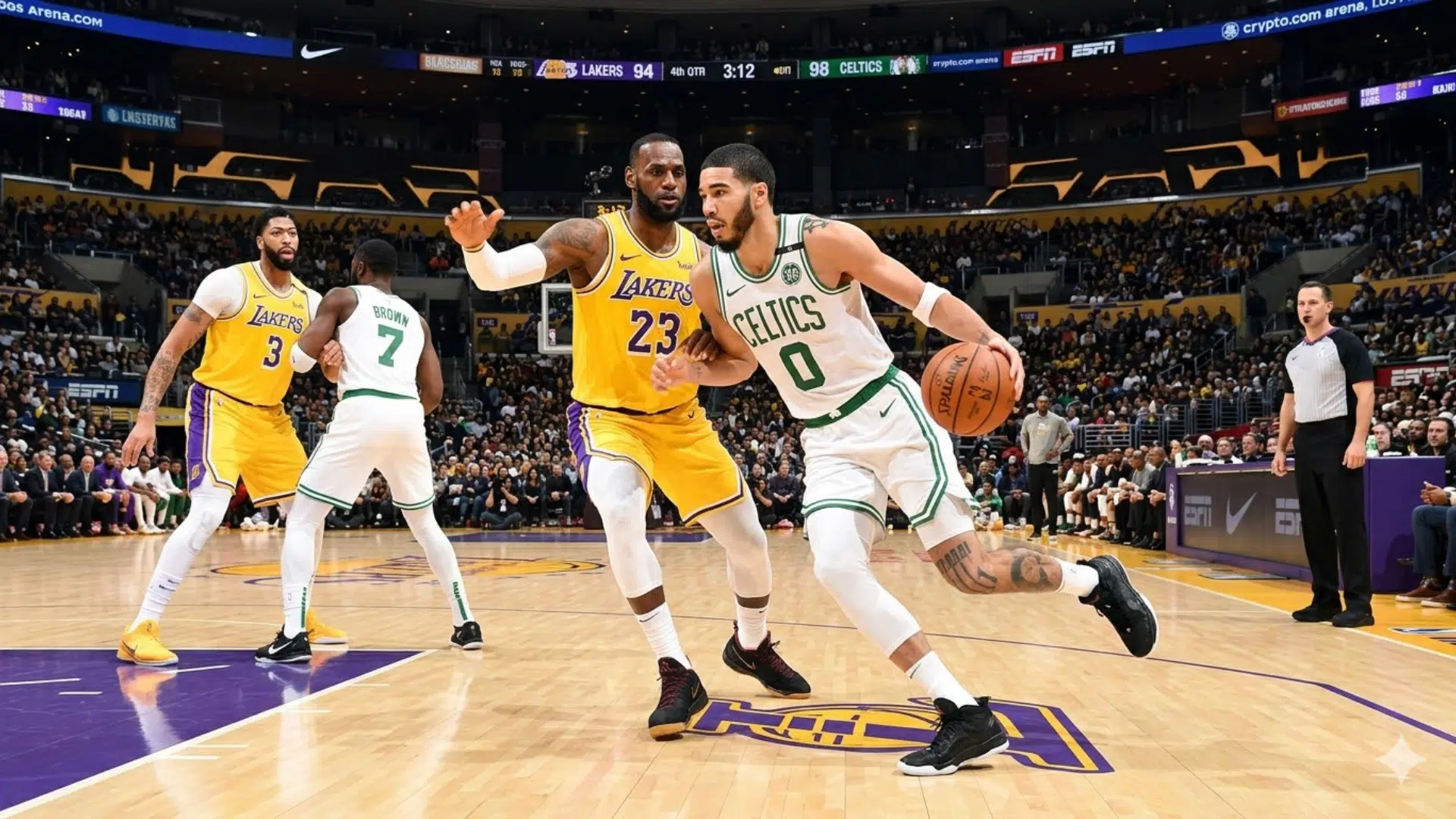 nba players competing on court during a game with one player dribbling past defender