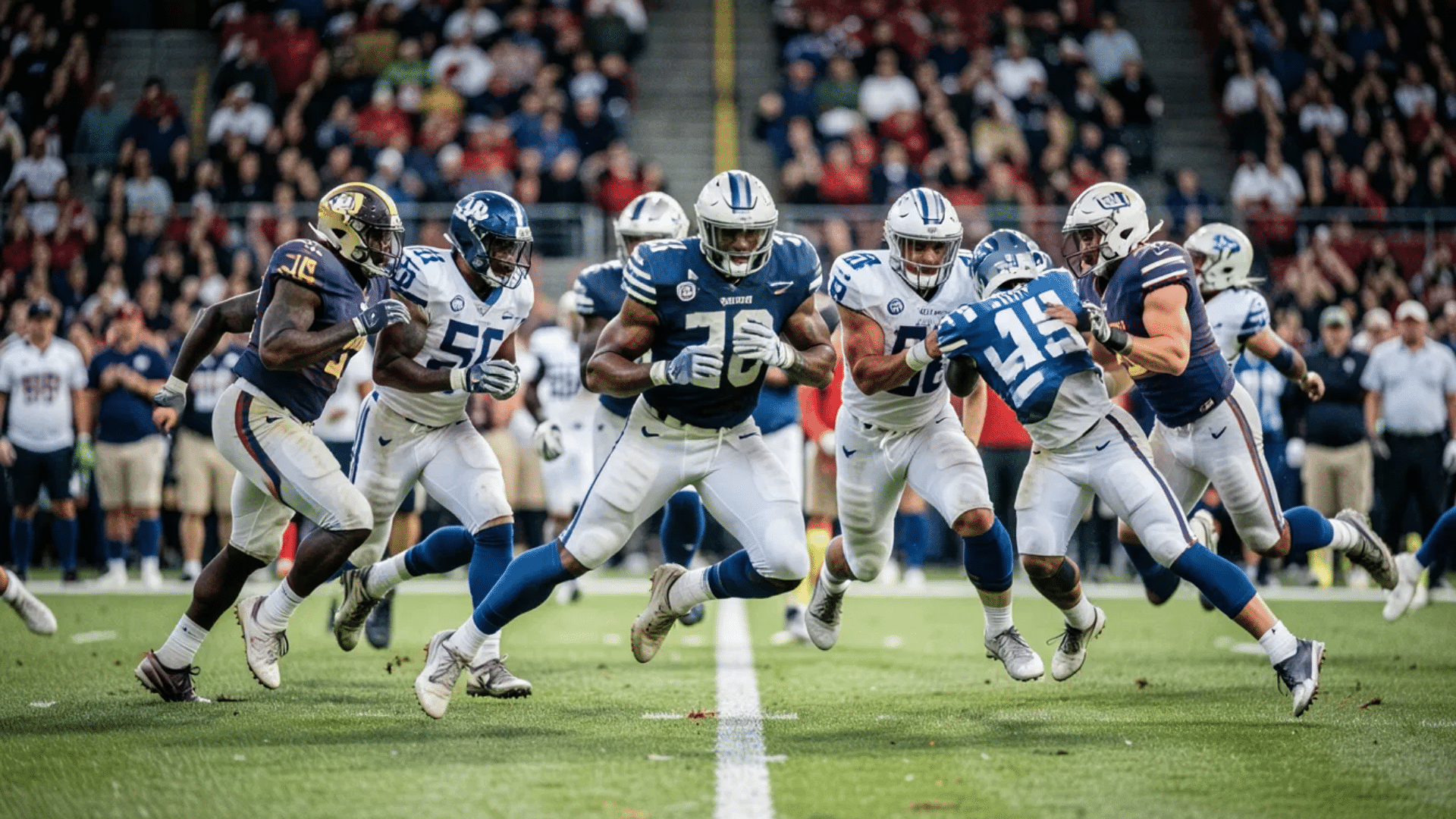 nfl players running and blocking during a football game with ball carrier advancing through defenders