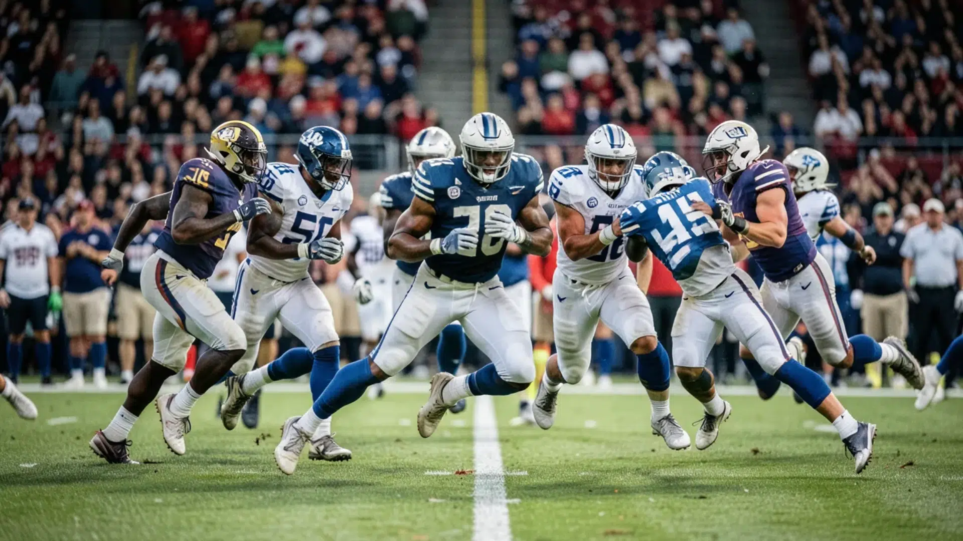 nfl players running and blocking during a football game with ball carrier advancing through defenders
