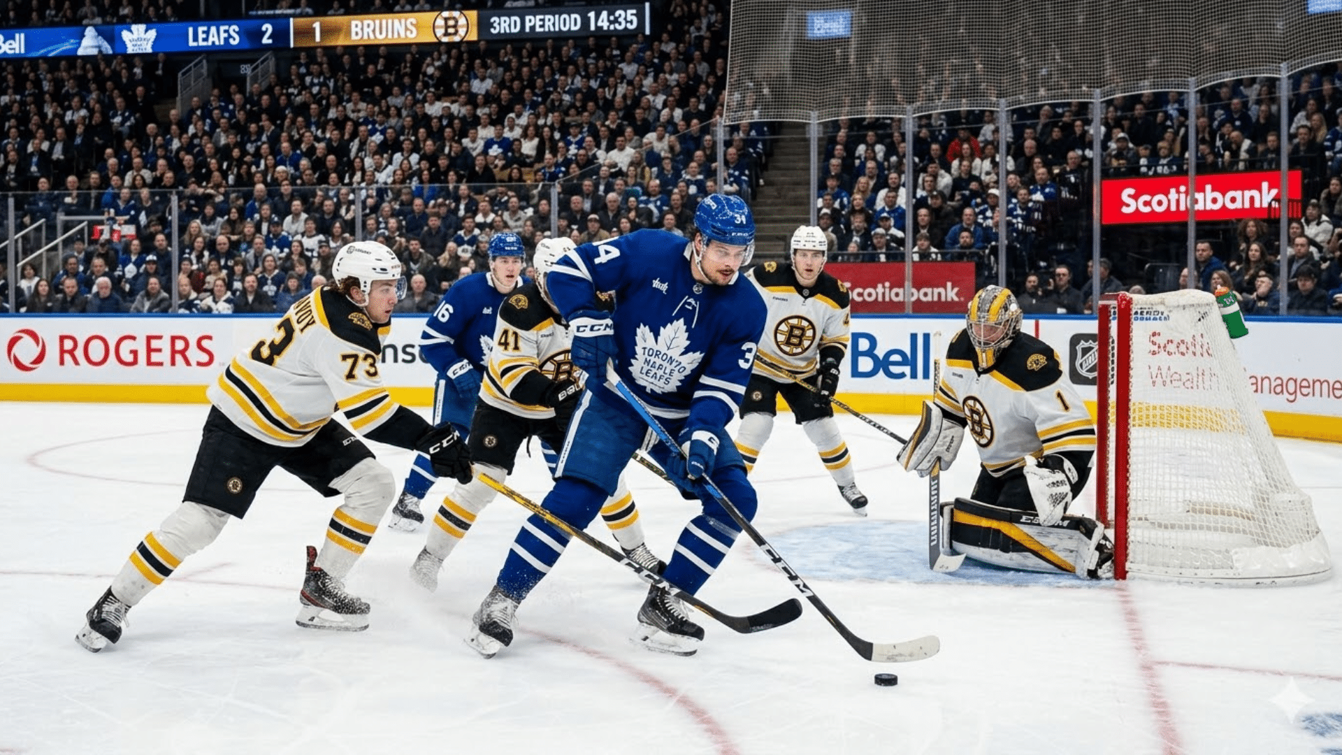 nhl players battling for puck near goal crease as attacker attempts shot while goalie and defenders react