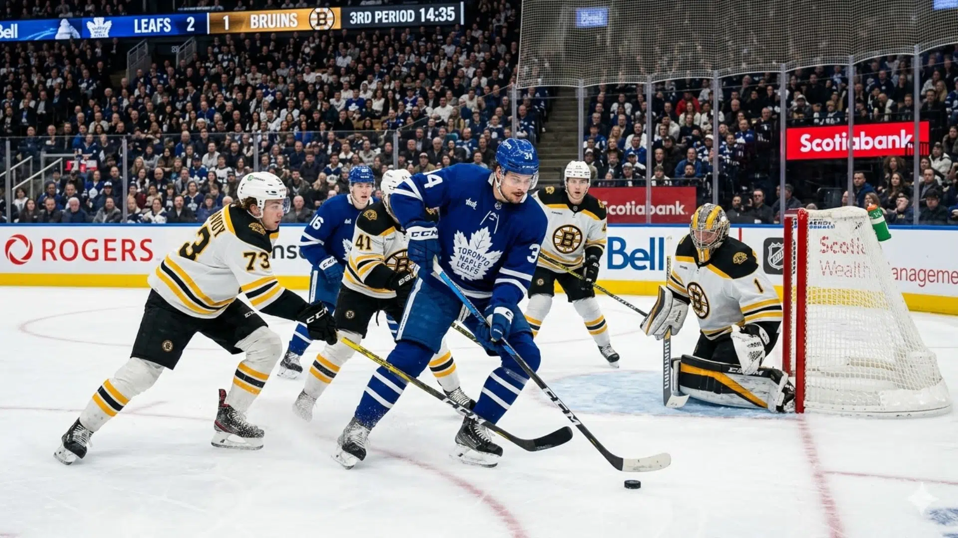nhl players battling for puck near goal crease as attacker attempts shot while goalie and defenders react