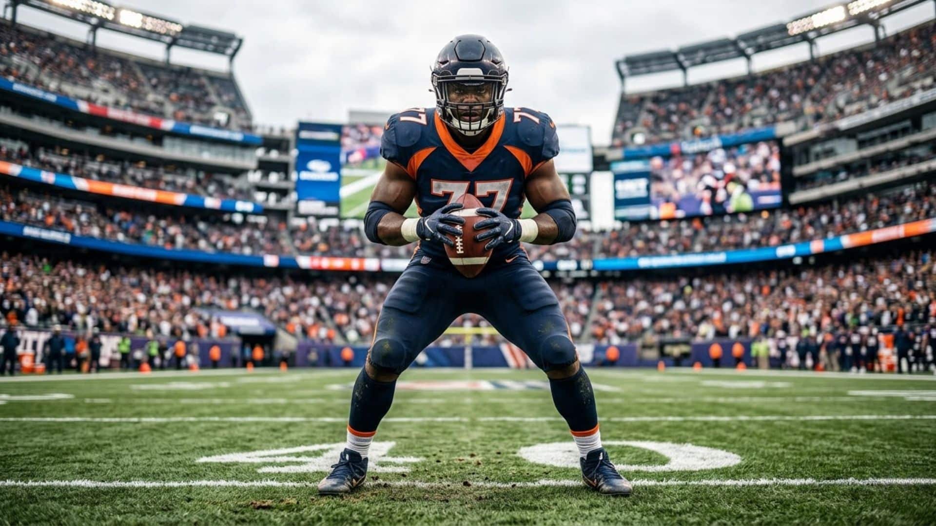 professional football player in uniform on field during play with dynamic motion and visible face