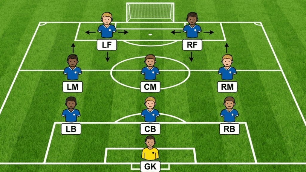 soccer formation diagram on a grass field showing 3-4-3 setup