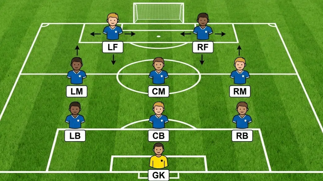soccer formation diagram on a grass field showing 3-4-3 setup