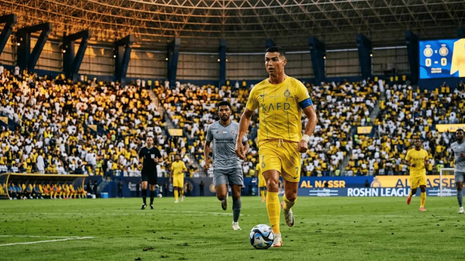soccer player in yellow jersey dribbling ball on field with crowd in stadium