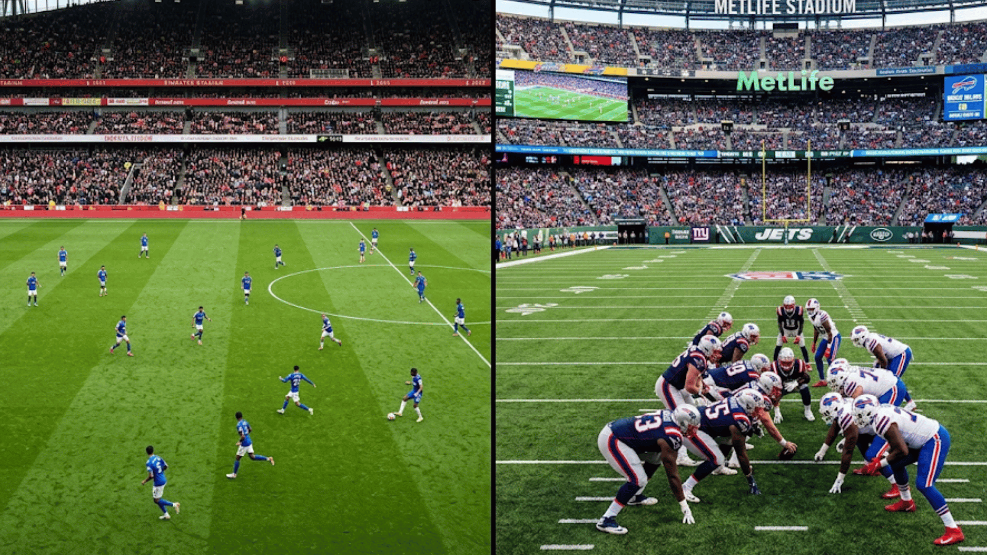 split view soccer match on left and american football game on right in packed stadium which sport uses the largest field full size guide and comparison