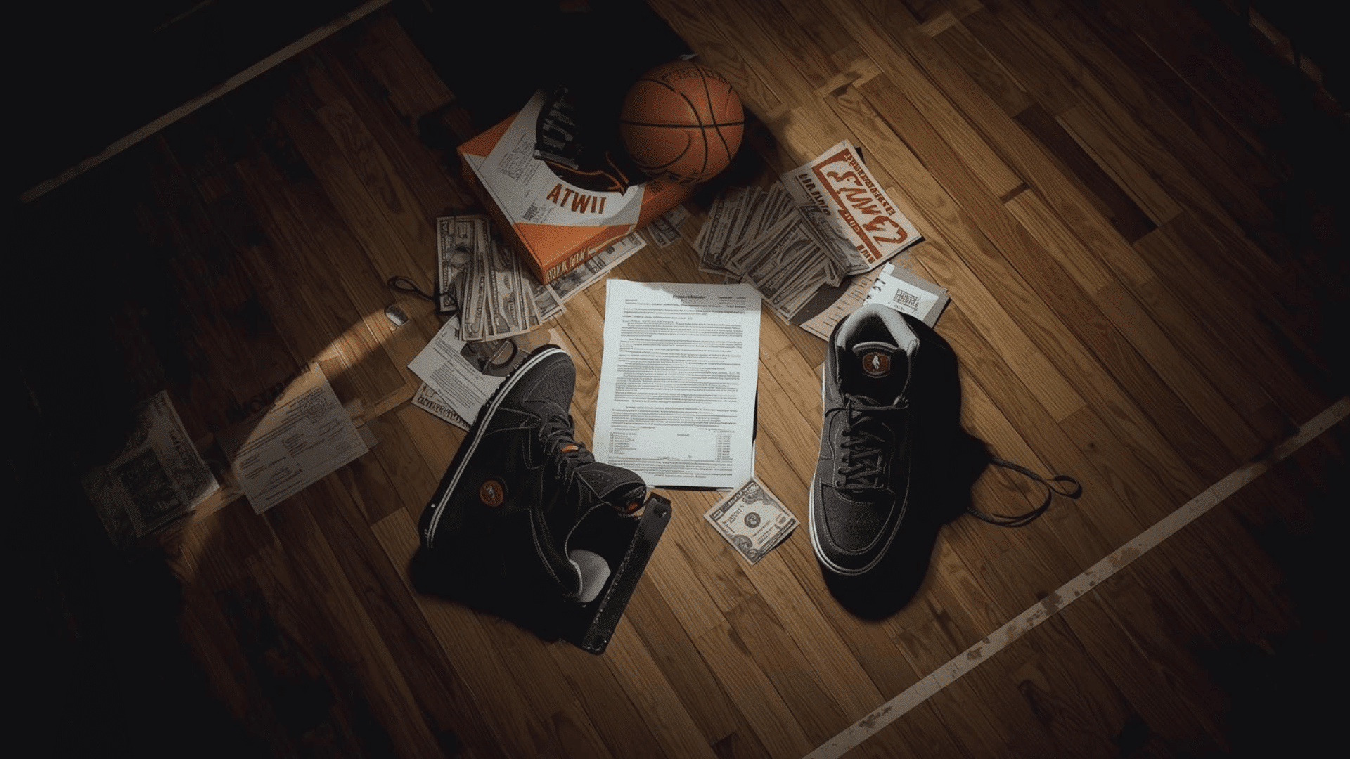 sports gear and money scattered on court with contract paper and shoes