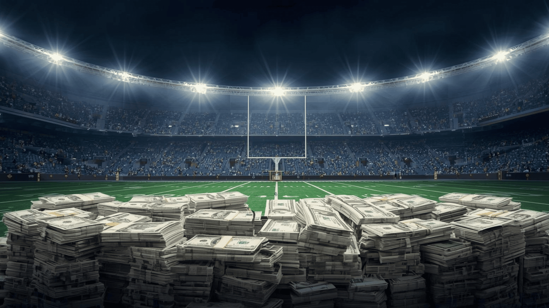 stacks of cash on football field in large stadium under lights at nite which college has the most nil money