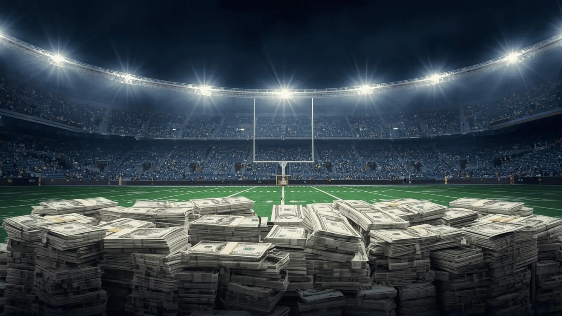 stacks of cash on football field in large stadium under lights at nite which college has the most nil money