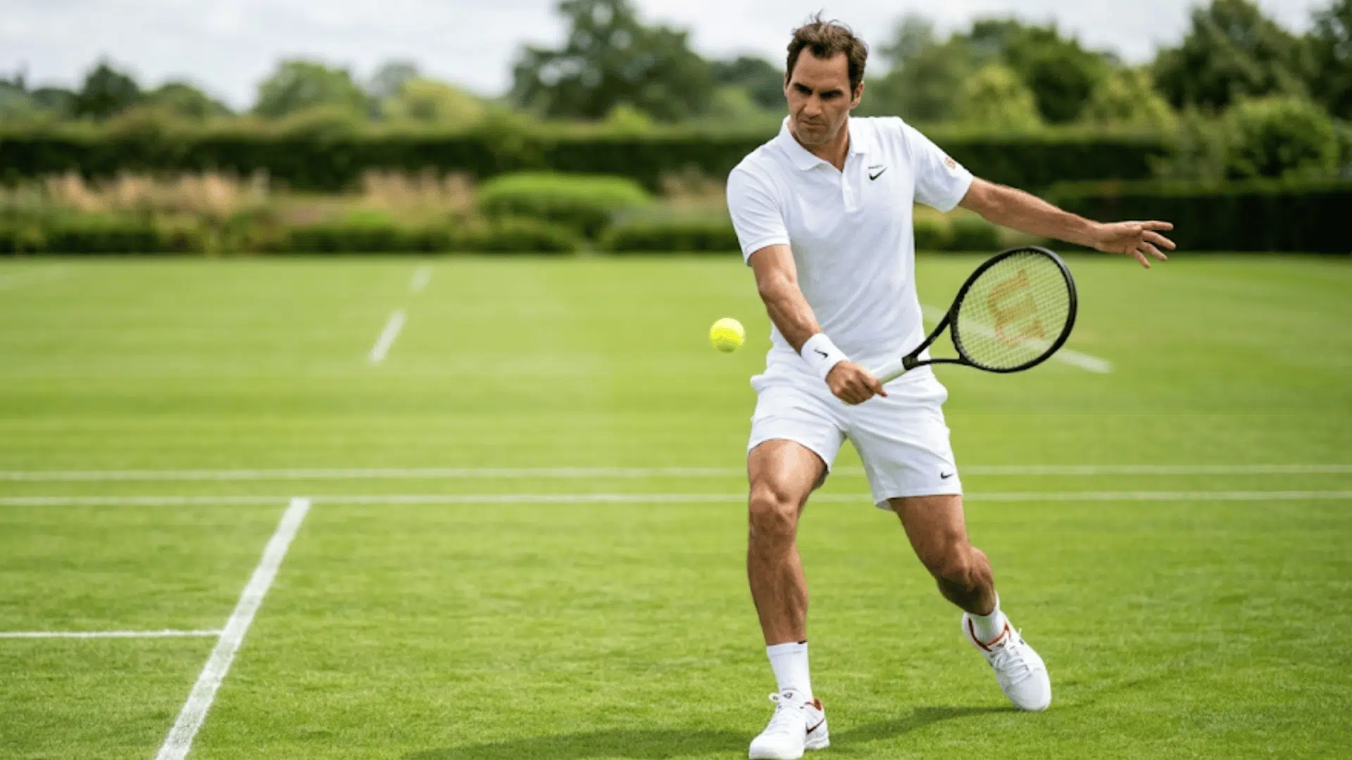 tennis player in white outfit hitting ball on grass court during match