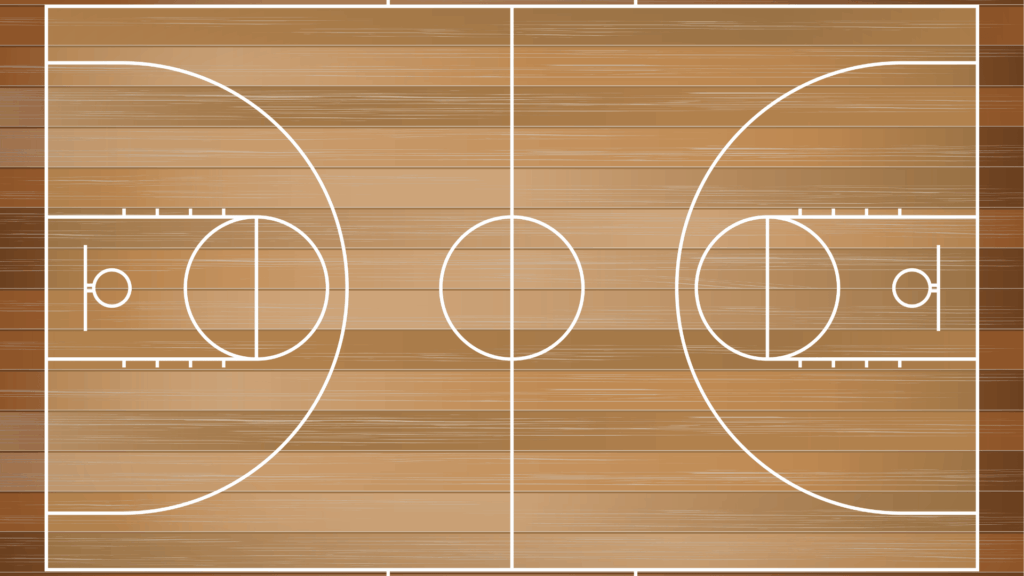 top down view of a wooden basketball court with white markings for the lines keys and hoops
