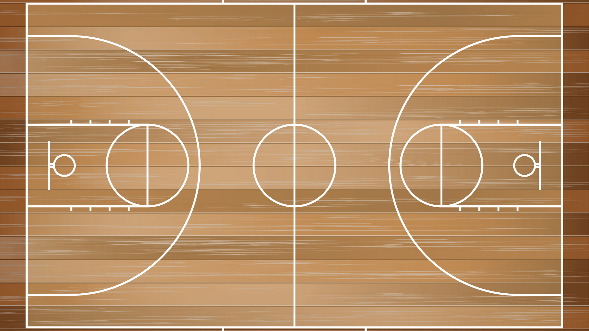 top down view of a wooden basketball court with white markings for the lines keys and hoops