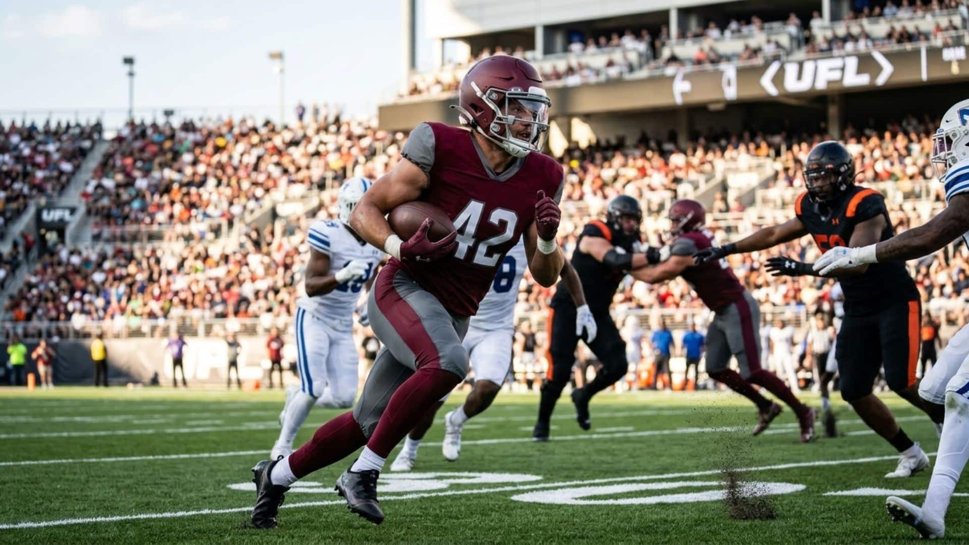 ufl football player running with ball during game with visible face and stadium action sports scene